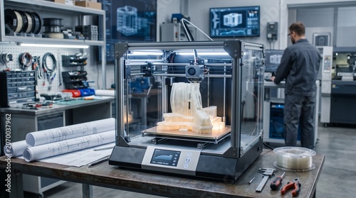 Obraz na płótnie Industrial designer working with 3D printed architectural prototype in high-tech facility.
