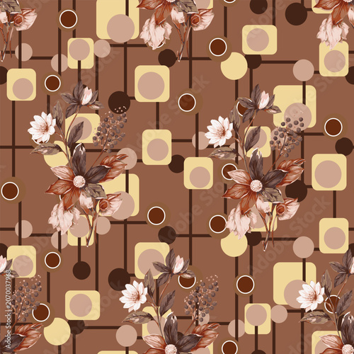 Floral and Geometric Seamless Pattern.a brown and white floral pattern on a square background