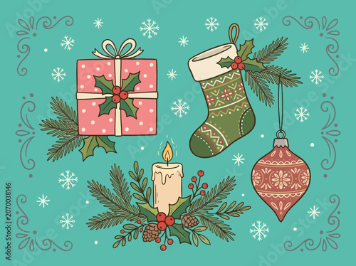 Festive Christmas Holiday Decorations: Gift, Stocking, Candle, and Ornament with Holly and Pine Accents