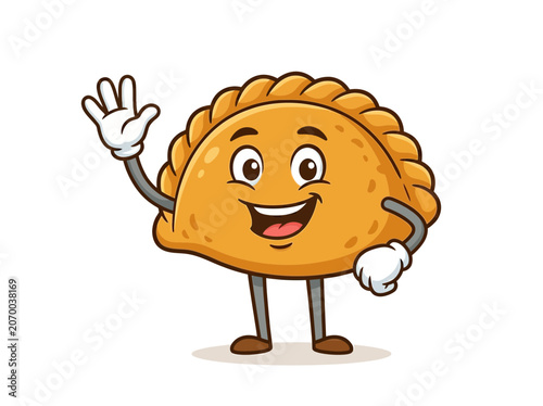 Happy cartoon empanada character waving hello, isolated on transparent background