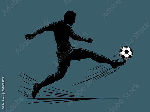 Dynamic soccer player in silhouette executing a powerful kick towards a ball