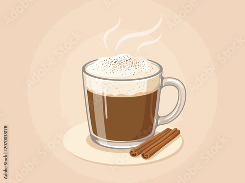 Steaming Cup of Coffee with Frothy Foam and Cinnamon Sticks on a Saucer