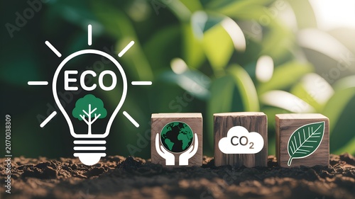 Eco concept with light bulb and blocks on soil outdoors