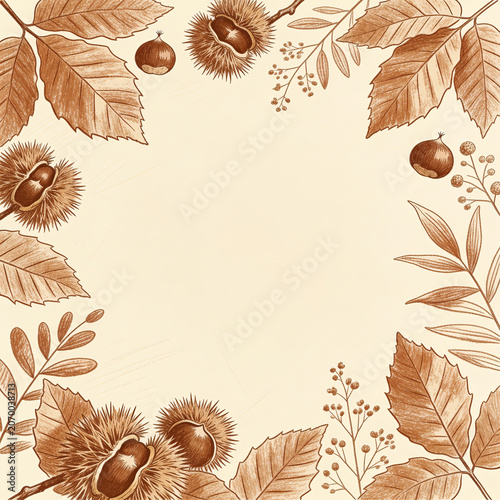 Hand drawn autumn frame background with brown chestnut leaves and prickly burrs on a vintage paper texture surrounding a vertical blank space
