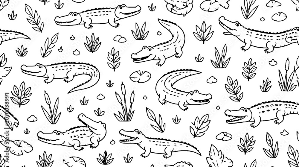 Fototapeta premium Detailed black and white crocodile pattern illustration.