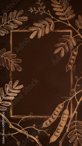 Chalkboard style dark brown botanical frame background with hand drawn golden leaves and seed pods surrounding a square copy space