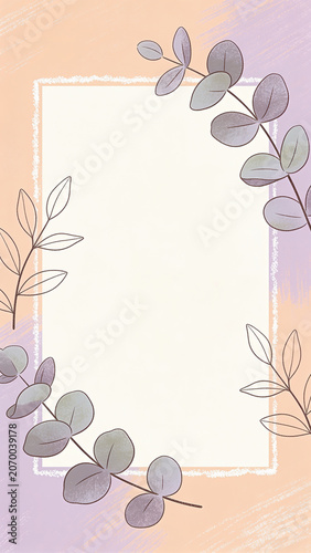 Soft pastel orange and purple watercolor background with elegant eucalyptus leaves surrounding a vertical blank frame