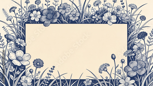 Classic line art floral frame background with hand drawn navy blue wildflowers on a vintage ivory canvas around a horizontal blank space