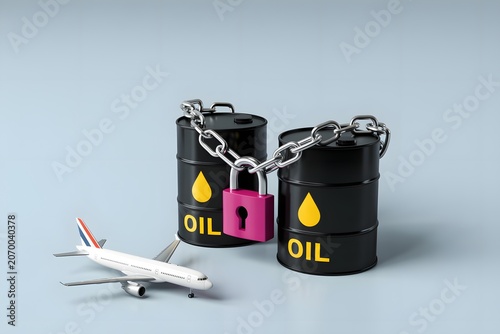 Secured Oil Barrels with Airplane on Grey Background Representing Industrial Transport and Logistics