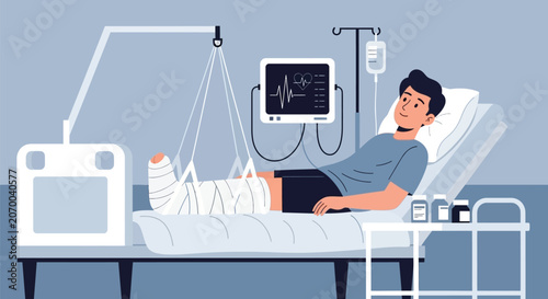 Konstfotografi Man lying in hospital bed, recovering from leg injury, with medical equipment and IV drip, showing healthcare and patient care in medical facility setting