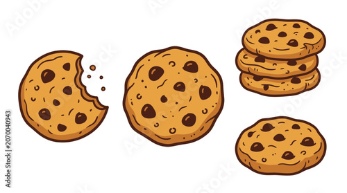 Konstfotografi Hand drawn chocolate chip cookies with bite mark and stack
