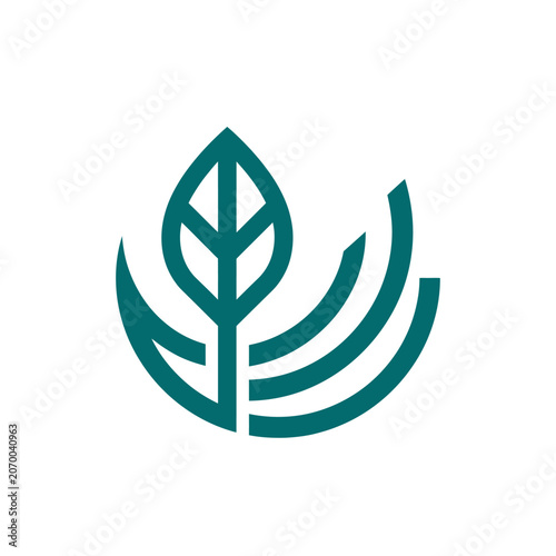 A minimalist graphic icon featuring a stylized green leaf and curved lines