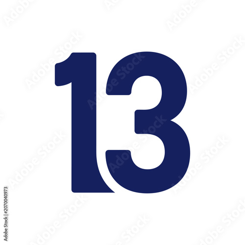 A bold dark blue number thirteen isolated on a clean white background