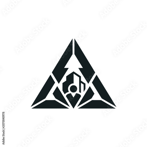 A minimalist graphic icon featuring a stylized person inside a geometric triangle
