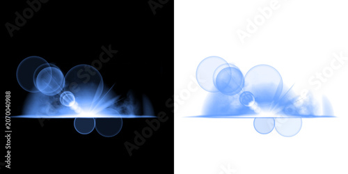 Фотография Blue lens flare effect with circular light orbs and horizontal beam on a dark ba