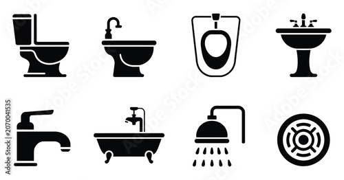 Fotografía Bathroom fixtures icons set toilet urinal sink faucet bathtub shower drain vector symbols, isolated on white background, plumbing and sanitation outline design elements eps 10