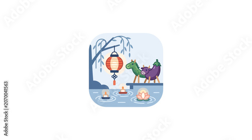 Traditional Chinese Dragon Boat Festival Scene with Lanterns and Dumplings