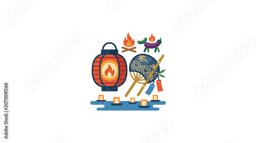 Traditional Asian Celebration with Lanterns, Fire, and Chopsticks Illustration