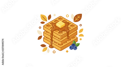 Stack of autumn waffles with butter, syrup, and blueberries