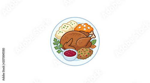 Traditional roasted turkey dinner with mashed potatoes and cranberry sauce