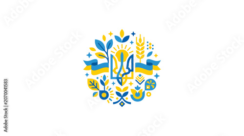 Stylized Ukrainian Emblem with Floral and Agricultural Motifs in Blue and Yellow