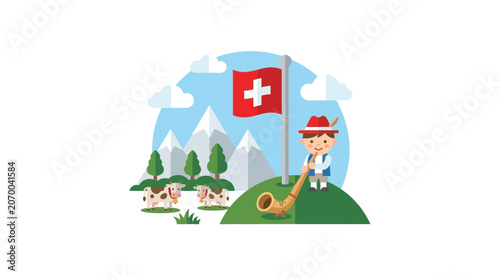 Swiss Alpine Scene with Traditional Musician and Cows on Pasture