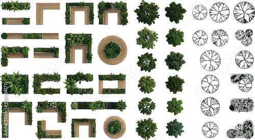 Landscape architecture top view set with park benches, planters, trees, and site plan symbols for design