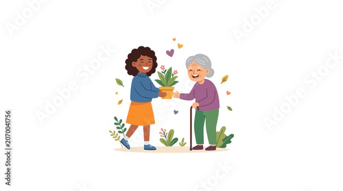 Young Woman Giving Potted Plant to Senior Woman Outdoors