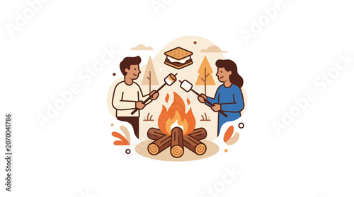 Couple Roasting Marshmallows Over Campfire Outdoors Illustration
