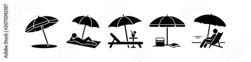 Slika na platnu Set of black beach icons featuring umbrellas, lounge chairs, sunbathing figures, and cooling drinks