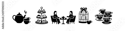 Bild auf Leinwand Black silhouette icon set for afternoon tea featuring a teapot, tiered dessert stand, women socializing, birdcage, and elegant teacups