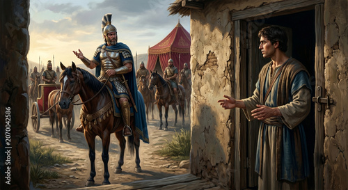 Bible, A dramatic, low-key digital painting depicting Elisha’s servant standing at the threshold of the prophet’s modest home, relaying the instructions to the impatient Naaman. 