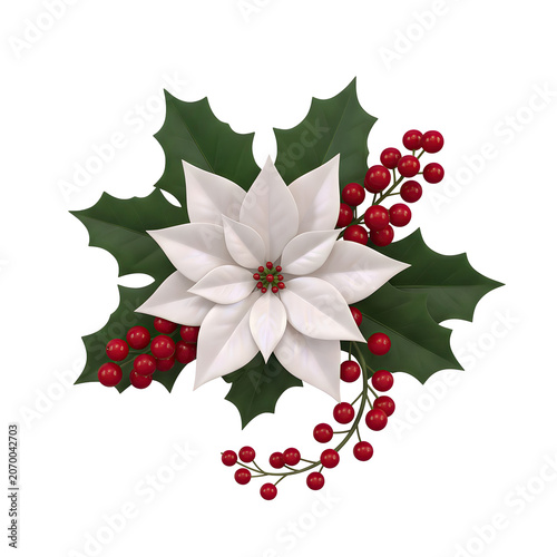 White Poinsettia Flower with Holly and Red Berries