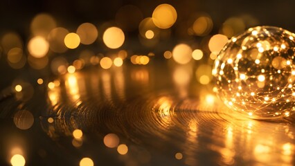Golden bokeh fairy lights on dark reflective surface, warm glowing holiday background with soft light orbs, festive decorative illumination for celebration