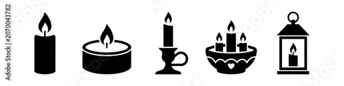 Konstfotografi Set of five black candle icons on a white background, featuring a pillar candle, tea light, traditional candlestick, decorative candle bowl, and a lantern