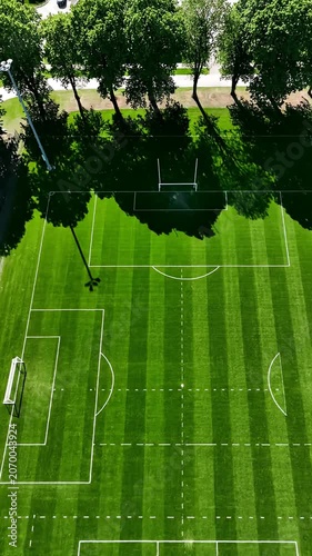 Aerial top down view of professional soccer field.