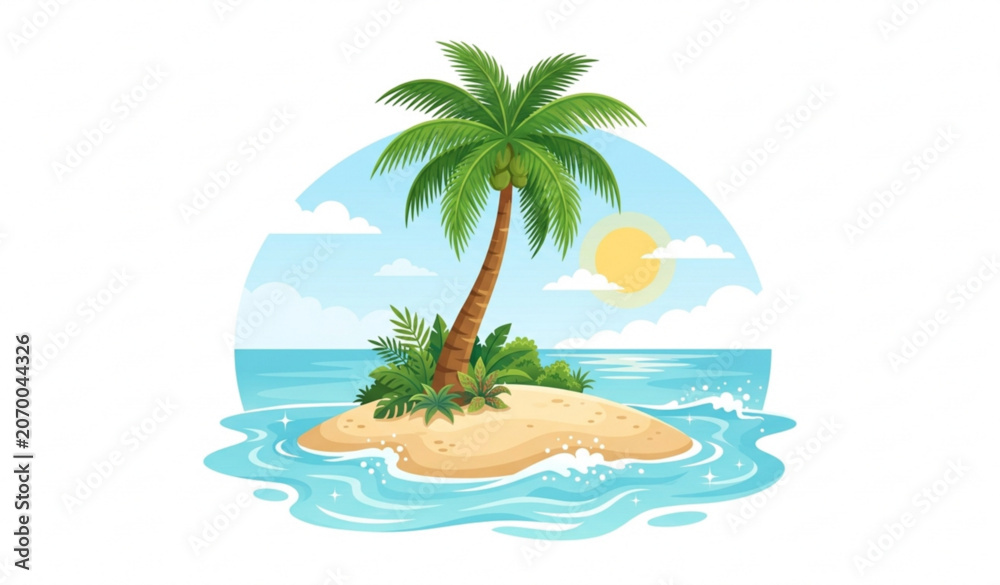 Fototapeta premium Tropical Palm Tree Island with Sea Waves Vector Illustration