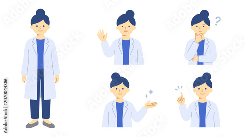 Clean flat vector set of female doctor character poses with waving, thinking, presenting, idea gestures