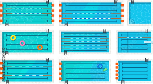 Top view swimming pool set with various lane configurations and water accessories in flat vector illustration style