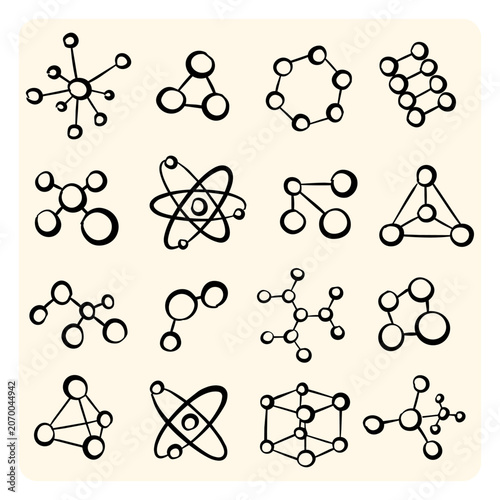 Science molecules and atom structures hand drawn doodle vector set. Physics, chemistry bonds, laboratory research, and bio technology sketch icons on white background.