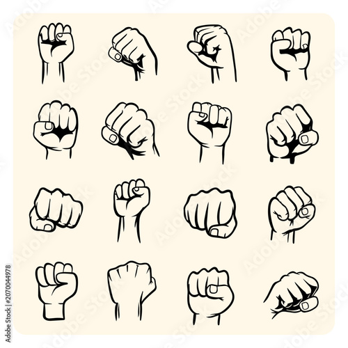Strong Human Clenched Fists and Hand Gesture Doodle Vector Set