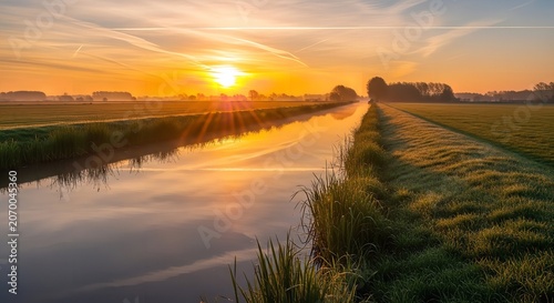 Sunset Reflection Over Calm Wetland with Silhouetted Path and Wild Grass