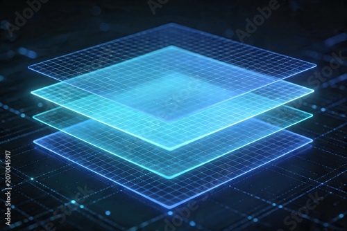 Blue Neon Stacked Grid Layers 3D Platform Tech Abstract Background