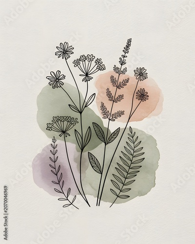Serene Botanical Illustration with Elegant Flowers and Foliage Against Colorful Abstract Shapes on Neutral Background
