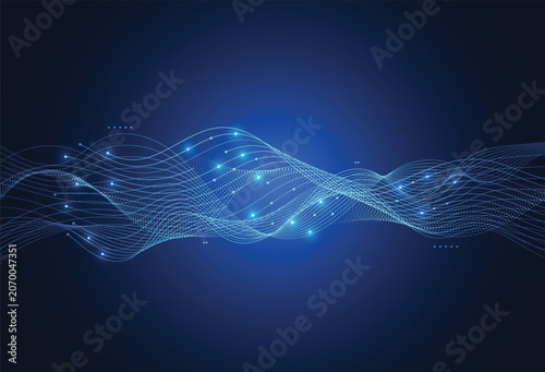 Abstract technology background with glowing blue flowing data waves and connecting dots.