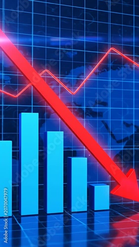 Blue bar chart with red arrow pointing downward.