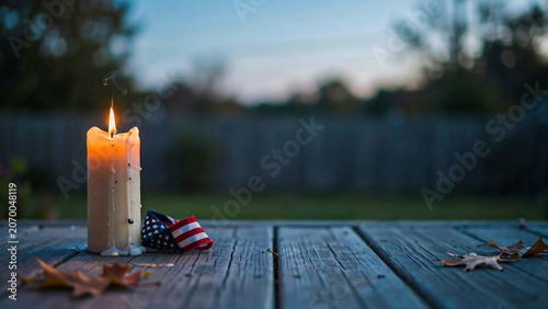 Lit candle with american flag ribbon on wooden table at dusk