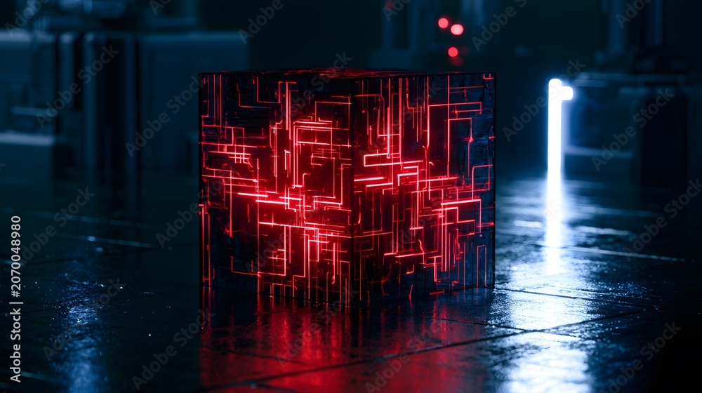 Fototapeta premium Cyberpunk city glows a vibrant red reflecting on wet streets showcasing future tech innovation