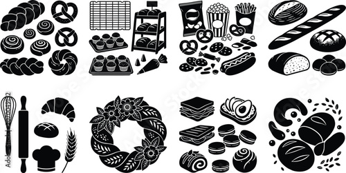 Foto Black silhouette vector collection of bread, pastries, bakery tools, and assorte