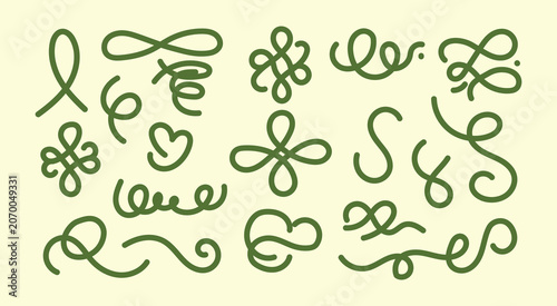 Set of elegant green hand drawn decorative vector flourishes swirls and loops on cream background